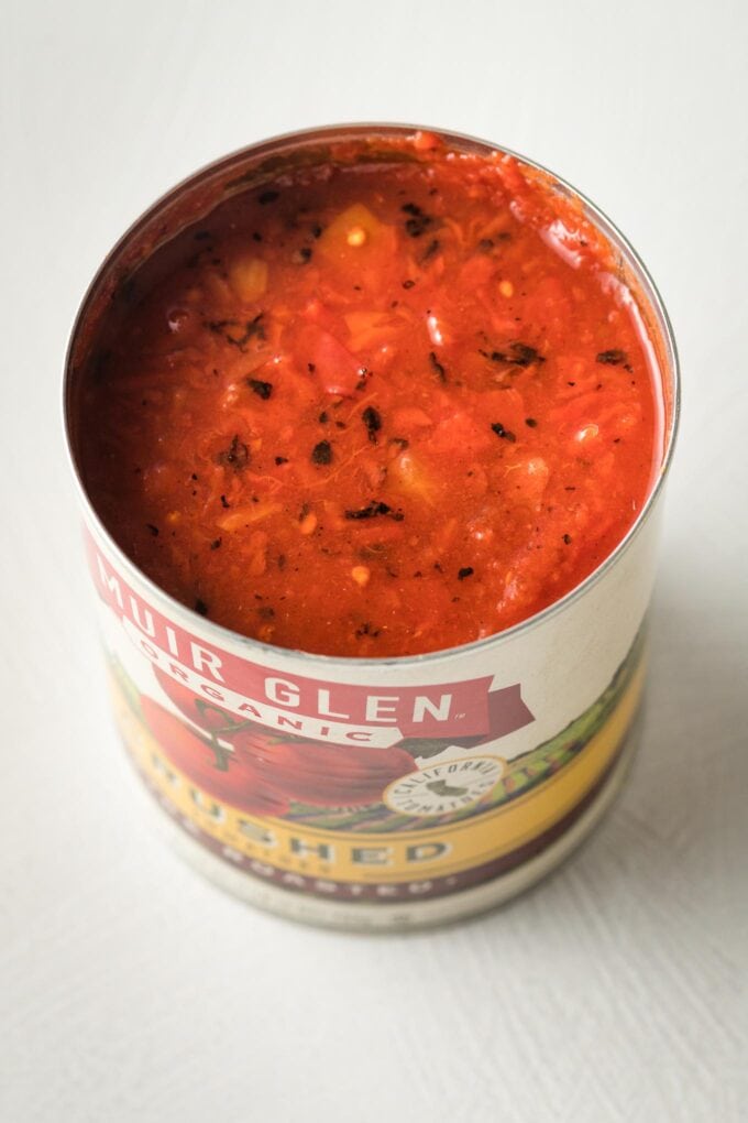 Large can of Muir Glen brand fire roasted tomatoes.