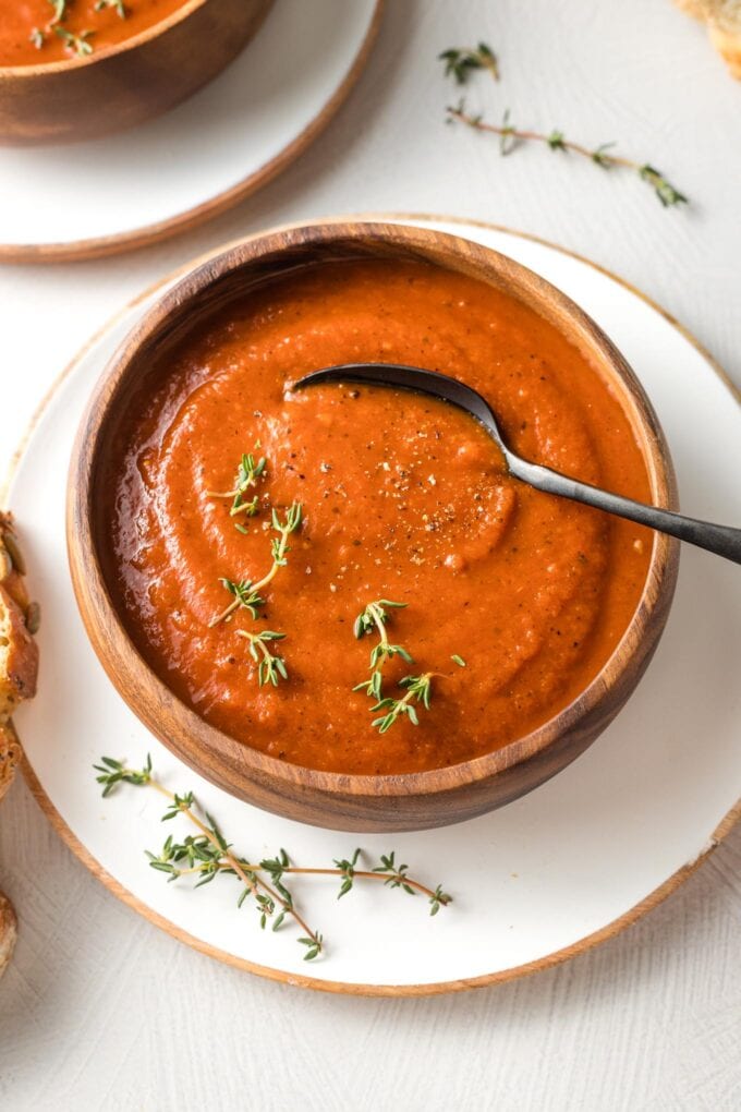 Bowl of Instant Pot tomato soup made with fire roasted tomatoes.