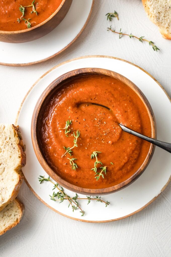 Bowl of Instant Pot tomato soup made with fire roasted tomatoes.