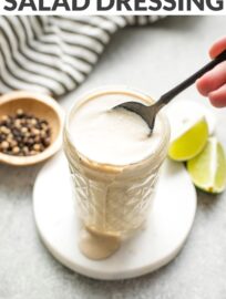 Lime Caesar Dressing is a cinch to whisk together in about 5 minutes and has an irresistible taste, with tangy Greek yogurt and a hint of fresh citrus. This is a fantastic healthier homemade salad dressing!