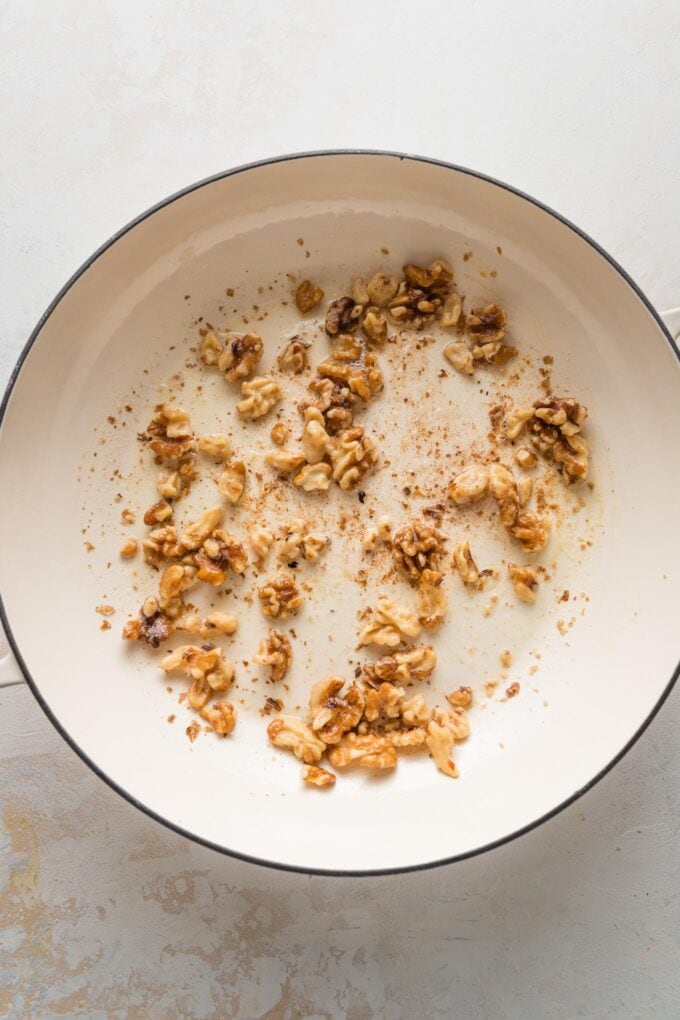 Walnuts toasted in a mix of butter, garlic, lemon zest, and red pepper flakes.