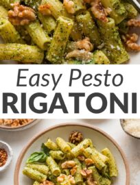 Upgrade an easy dish of pesto rigatoni with a mix of Parmesan, lemon, and buttery toasted walnuts that add special flavor and texture with just a little extra effort. This 20-minute skillet works as well for a breezy weeknight dinner as it does for an elevated side or meatless main for guests.
