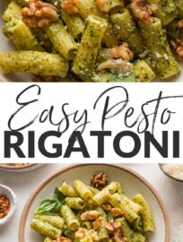 Upgrade an easy dish of pesto rigatoni with a mix of Parmesan, lemon, and buttery toasted walnuts that add special flavor and texture with just a little extra effort. This 20-minute skillet works as well for a breezy weeknight dinner as it does for an elevated side or meatless main for guests.