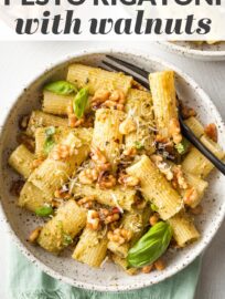 This easy Pesto Rigatoni is perked up with Parmesan, lemon, and buttery toasted walnuts. Easy and fast, but feels a tiny bit elegant at the same time.