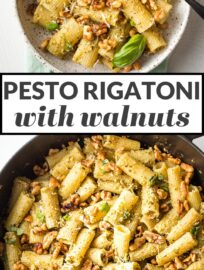 This easy Pesto Rigatoni is perked up with Parmesan, lemon, and buttery toasted walnuts. Easy and fast, but feels a tiny bit elegant at the same time.