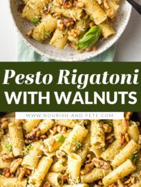 This easy Pesto Rigatoni is perked up with Parmesan, lemon, and buttery toasted walnuts. Easy and fast, but feels a tiny bit elegant at the same time.