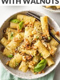 This easy Pesto Rigatoni is perked up with Parmesan, lemon, and buttery toasted walnuts. Easy and fast, but feels a tiny bit elegant at the same time.
