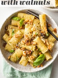 This easy Pesto Rigatoni is perked up with Parmesan, lemon, and buttery toasted walnuts. Easy and fast, but feels a tiny bit elegant at the same time.