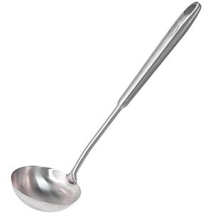 Stainless steel soup ladle.