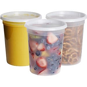 Tall plastic deli storage containers.