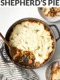 This vegetarian Shepherd's Pie is cozy, healthy, and flavorful. With tender veggies, a rich gravy-like sauce, and a generous layer of mashed potatoes on top, this is the best kind of meatless comfort food.