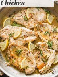 This easy Lemon Rosemary Chicken recipe uses simple ingredients and takes just 30 minutes, but tastes like a gourmet meal. Bright citrus and fresh rosemary complement each other perfectly, and a simple pan sauce brings it all together.