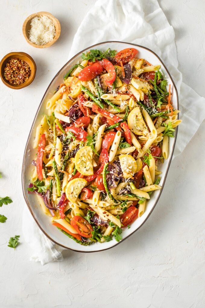Large plate filled with a lemon herb pasta primavera.