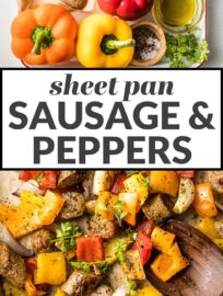 Juicy chicken sausage, crisp veggies, sweet shallots, and a simple dash of Italian seasoning makes this Sheet Pan Sausage and Peppers a quick, healthy dinner everyone will love. Try serving with hoagie rolls or over couscous or your favorite greens.