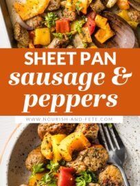 Juicy chicken sausage, crisp veggies, sweet shallots, and a simple dash of Italian seasoning makes this Sheet Pan Sausage and Peppers a quick, healthy dinner everyone will love. Try serving with hoagie rolls or over couscous or your favorite greens.