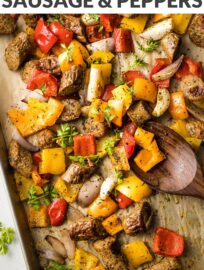 Juicy chicken sausage, crisp veggies, sweet shallots, and a simple dash of Italian seasoning makes this Sheet Pan Sausage and Peppers a quick, healthy dinner everyone will love. Try serving with hoagie rolls or over couscous or your favorite greens.