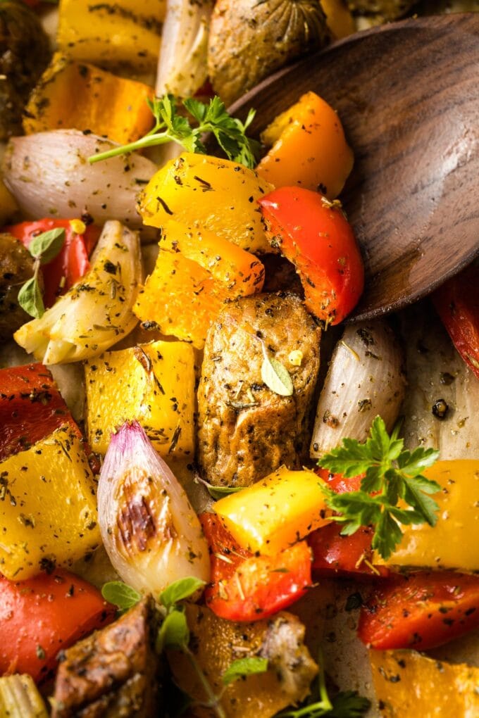 Close up of sheet pan sausage and peppers, ready to serve.