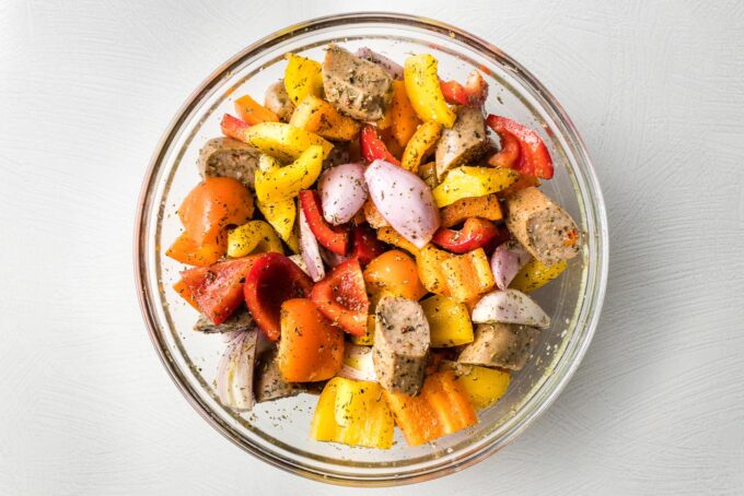 Bowl of chopped sausages and veggies.