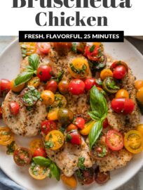 This easy Bruschetta Chicken recipe is bursting with fresh Italian flavors and ready in less than 30 minutes. Tender chicken, juicy tomato-basil bruschetta, and a drizzle of sweet balsamic glaze make a simple yet elegant main.