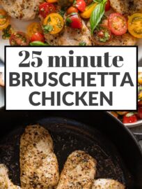 This easy Bruschetta Chicken recipe is bursting with fresh Italian flavors and ready in less than 30 minutes. Tender chicken, juicy tomato-basil bruschetta, and a drizzle of sweet balsamic glaze make a simple yet elegant main.