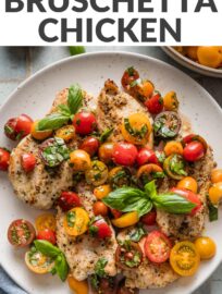 This easy Bruschetta Chicken recipe is bursting with fresh Italian flavors and ready in less than 30 minutes. Tender chicken, juicy tomato-basil bruschetta, and a drizzle of sweet balsamic glaze make a simple yet elegant main.
