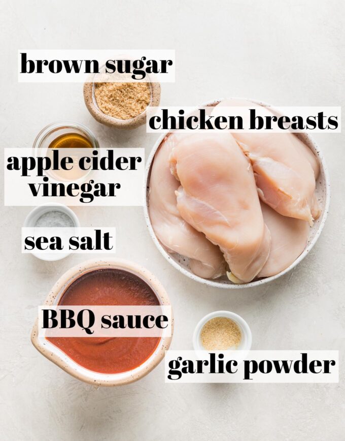 Labeled photo of chicken breasts, BBQ sauce, brown sugar, apple cider vinegar, garlic powder, and sea salt in prep bowls.