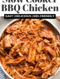 This Crockpot BBQ Chicken is so flavorful, with a sweet and tangy sauce, yet incredibly easy to make in your slow cooker with a few simple ingredients. Rely on this recipe for delicious pulled chicken that is perfect for family dinners or any party, potluck, or picnic.