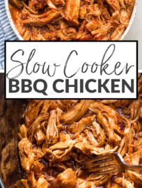 This Crockpot BBQ Chicken is so flavorful, with a sweet and tangy sauce, yet incredibly easy to make in your slow cooker with a few simple ingredients. Rely on this recipe for delicious pulled chicken that is perfect for family dinners or any party, potluck, or picnic.