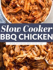 This Crockpot BBQ Chicken is so flavorful, with a sweet and tangy sauce, yet incredibly easy to make in your slow cooker with a few simple ingredients. Rely on this recipe for delicious pulled chicken that is perfect for family dinners or any party, potluck, or picnic.