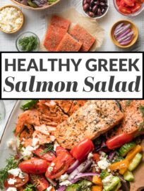 This simple Greek Salmon Salad with pan-seared filets, a rainbow of fresh veggies, and an easy Mediterranean-inspired vinaigrette makes a deliciously feel-good lunch or dinner.