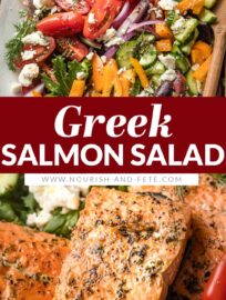 This simple Greek Salmon Salad with pan-seared filets, a rainbow of fresh veggies, and an easy Mediterranean-inspired vinaigrette makes a deliciously feel-good lunch or dinner.