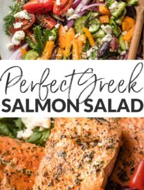 This simple Greek Salmon Salad with pan-seared filets, a rainbow of fresh veggies, and an easy Mediterranean-inspired vinaigrette makes a deliciously feel-good lunch or dinner.