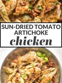 This flavorful Chicken with Sun-Dried Tomatoes and Artichokes is a one-skillet, 30-minute dinner you'll love, with an irresistible silky cream sauce.