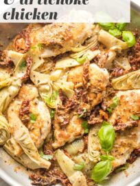 This flavorful Chicken with Sun-Dried Tomatoes and Artichokes is a one-skillet, 30-minute dinner you'll love, with an irresistible silky cream sauce.