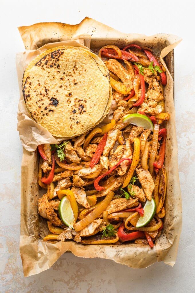 Cooked sheet pan chicken fajitas.