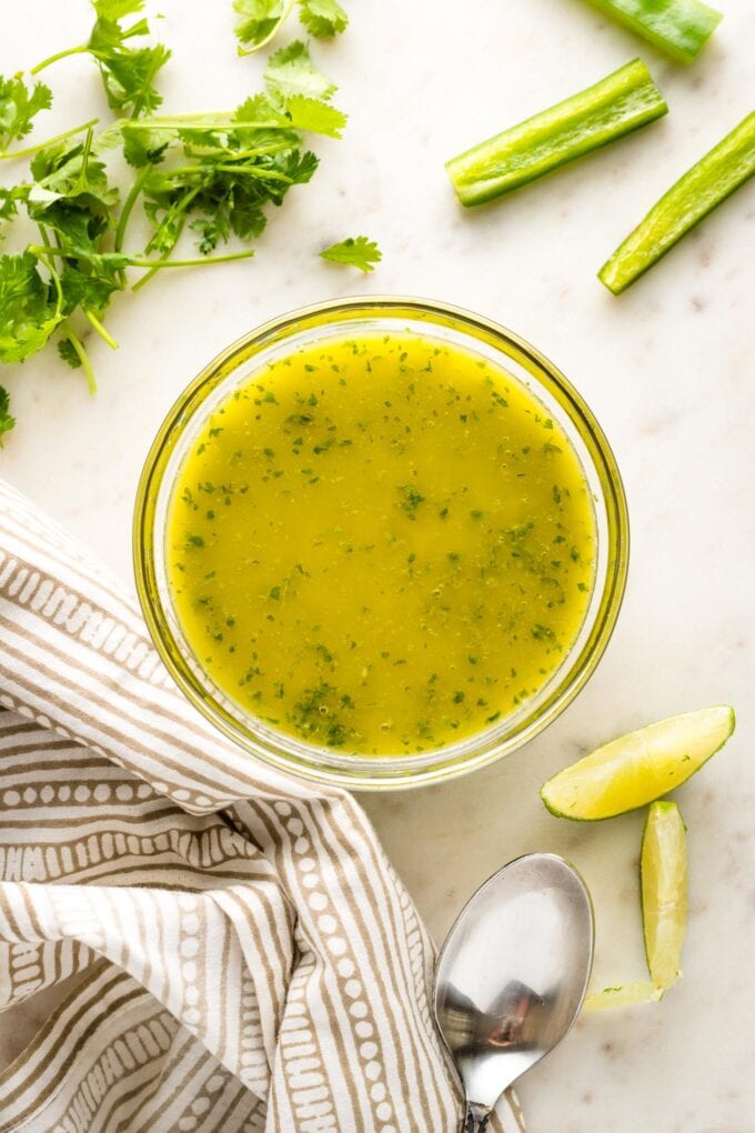 Jar full of cilantro lime dressing.