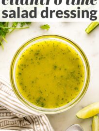 This light and tangy Cilantro Lime Dressing is perfect for dressing up your favorite taco or Southwest-style salad and makes a delicious marinade for chicken or shrimp. Super simple to make in 5 minutes.