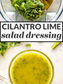 This light and tangy Cilantro Lime Dressing is perfect for dressing up your favorite taco or Southwest-style salad and makes a delicious marinade for chicken or shrimp. Super simple to make in 5 minutes.