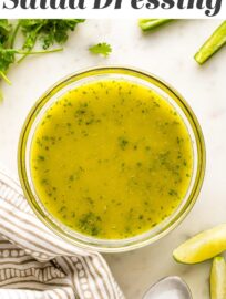 This light and tangy Cilantro Lime Dressing is perfect for dressing up your favorite taco or Southwest-style salad and makes a delicious marinade for chicken or shrimp. Super simple to make in 5 minutes.