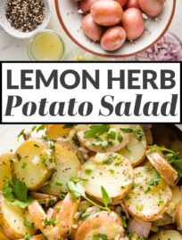 This Herb Potato Salad is packed with fresh herbs, tangy shallots, and a creamy Djion lemon vinaigrette. It's easy to make in about 20 minutes and keeps well, perfect for parties, picnics, and potlucks!