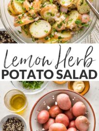 This Herb Potato Salad is packed with fresh herbs, tangy shallots, and a creamy Djion lemon vinaigrette. It's easy to make in about 20 minutes and keeps well, perfect for parties, picnics, and potlucks!