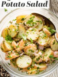 This Herb Potato Salad is packed with fresh herbs, tangy shallots, and a creamy Djion lemon vinaigrette. It's easy to make in about 20 minutes and keeps well, perfect for parties, picnics, and potlucks!