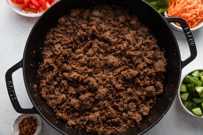 Ground beef browned and seasoned with a Korean beef-inspired sauce made from American pantry staples.