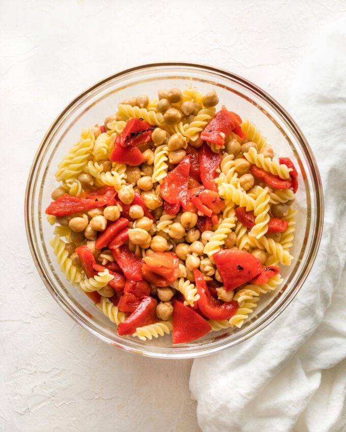 Roasted red peppers on top of chickpeas.