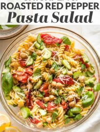 This 20-minute Pasta Salad with Chickpeas is perked up with sweet roasted peppers, crunchy fresh cucumber, and a generous dash of Parmesan and fresh herbs. Serve hot, cold, or room temperature--it makes a great lunch, dinner, or side for sharing!