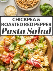 This 20-minute Pasta Salad with Chickpeas is perked up with sweet roasted peppers, crunchy fresh cucumber, and a generous dash of Parmesan and fresh herbs. Serve hot, cold, or room temperature--it makes a great lunch, dinner, or side for sharing!
