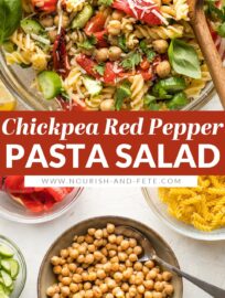 This 20-minute Pasta Salad with Chickpeas is perked up with sweet roasted peppers, crunchy fresh cucumber, and a generous dash of Parmesan and fresh herbs. Serve hot, cold, or room temperature--it makes a great lunch, dinner, or side for sharing!