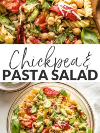 This 20-minute Pasta Salad with Chickpeas is perked up with sweet roasted peppers, crunchy fresh cucumber, and a generous dash of Parmesan and fresh herbs. Serve hot, cold, or room temperature--it makes a great lunch, dinner, or side for sharing!