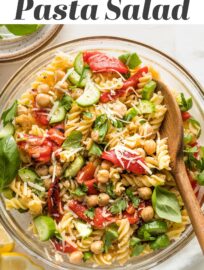 This 20-minute Pasta Salad with Chickpeas is perked up with sweet roasted peppers, crunchy fresh cucumber, and a generous dash of Parmesan and fresh herbs. Serve hot, cold, or room temperature--it makes a great lunch, dinner, or side for sharing!