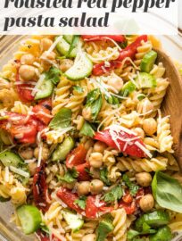 This 20-minute Pasta Salad with Chickpeas is perked up with sweet roasted peppers, crunchy fresh cucumber, and a generous dash of Parmesan and fresh herbs. Serve hot, cold, or room temperature--it makes a great lunch, dinner, or side for sharing!